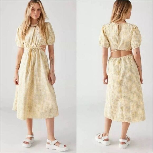 Anthropologie En Saison Gingham Floral Yellow Kanika Puff Sleeve Midi Dress L - Picture 3 of 7